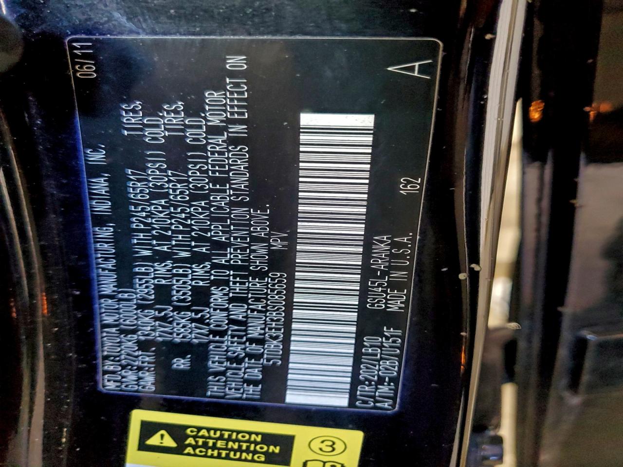 2011 Toyota Highlander Base VIN: 5TDBK3EH3BS085659 Lot: 94137385