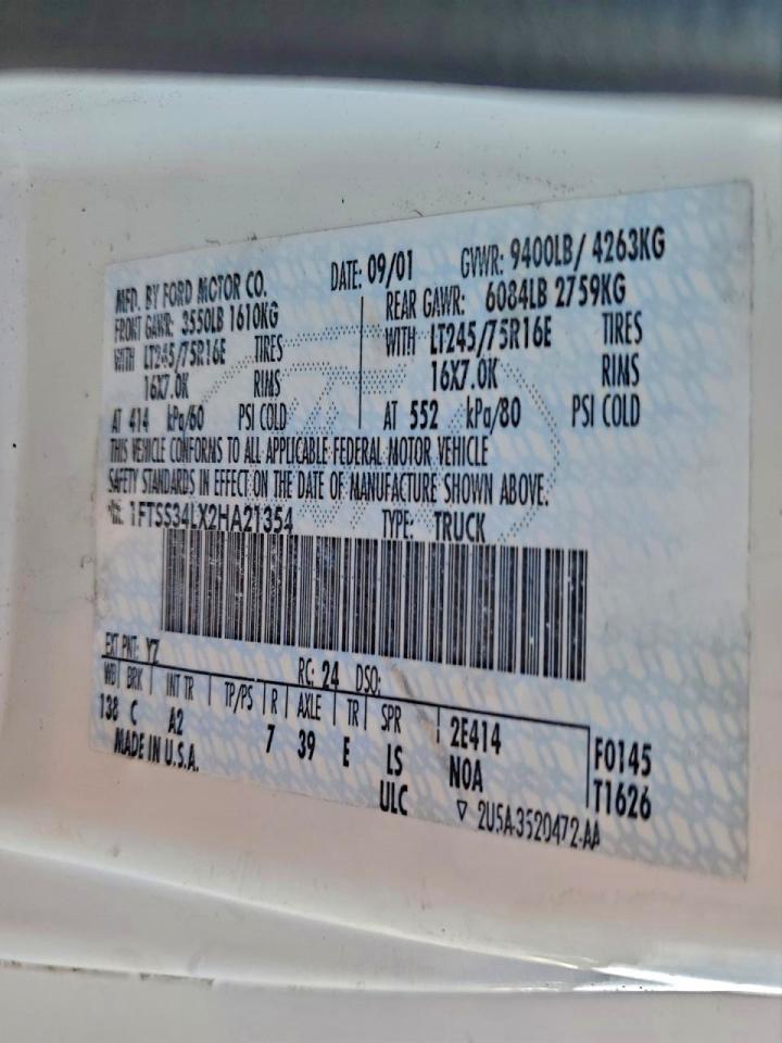 2002 Ford E350 Delivery Van VIN: 1FTSS34LX2HA21354 Lot: 94048325