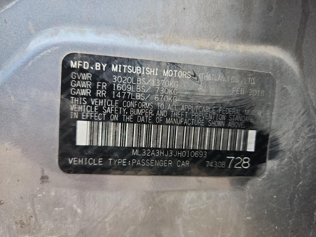 2018 Mitsubishi Mirage Es VIN: ML32A3HJ3JH010693 Lot: 93721045