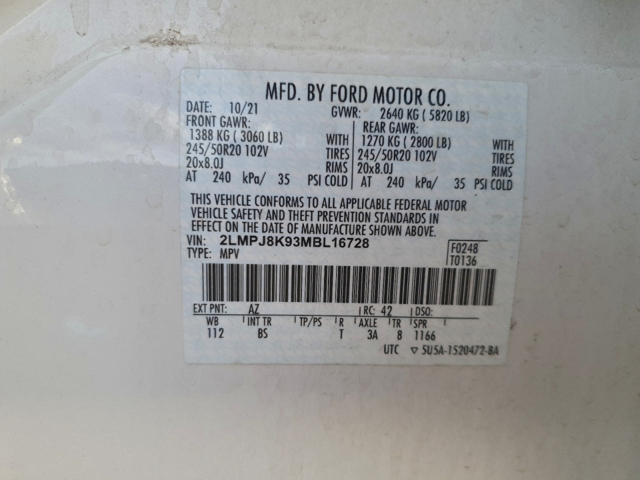 2021 Lincoln Nautilus Reserve VIN: 2LMPJ8K93MBL16728 Lot: 94394185