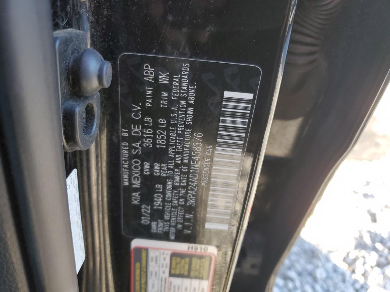 2022 Kia Rio Lx VIN: 3KPA24AD1NE458376 Lot: 91321565