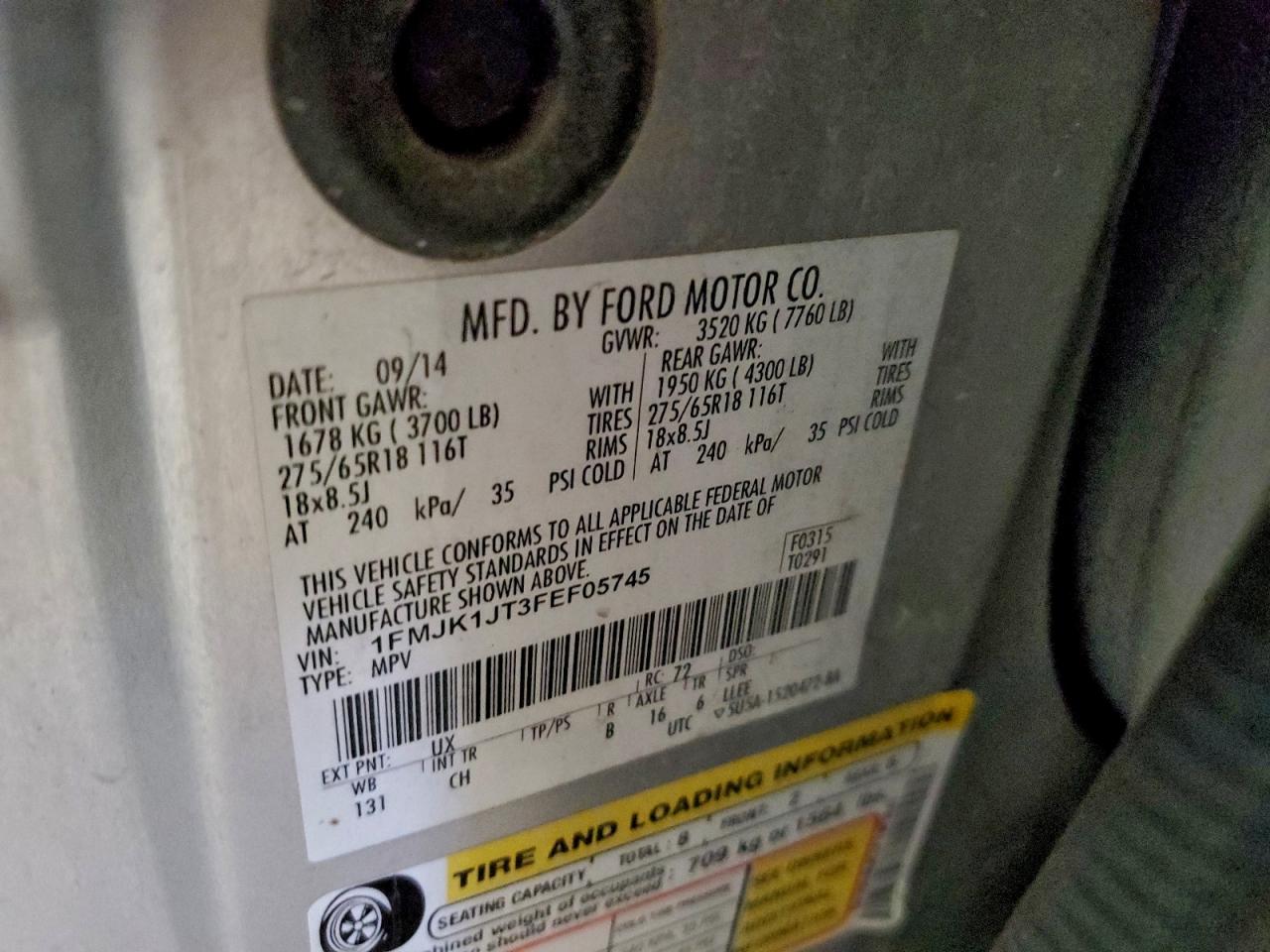 2015 Ford Expedition El Xlt VIN: 1FMJK1JT3FEF05745 Lot: 94252735