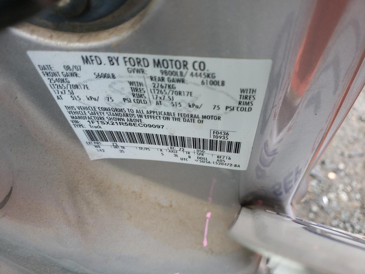 2008 Ford F250 Super Duty VIN: 1FTSX21R58EC09097 Lot: 91116165