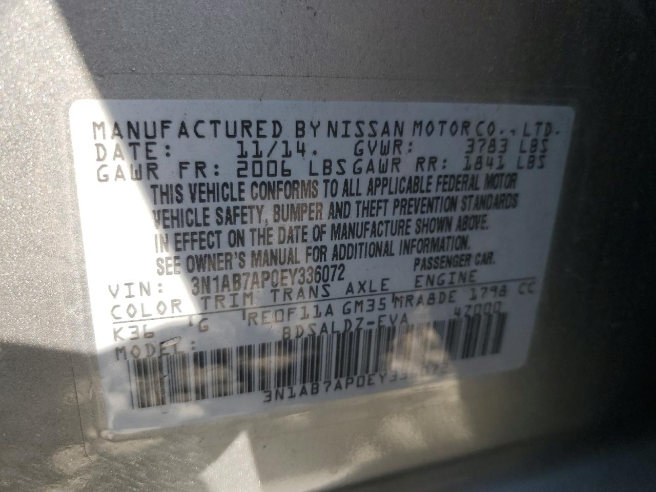 2014 Nissan Sentra S VIN: 3N1AB7AP0EY336072 Lot: 93641365