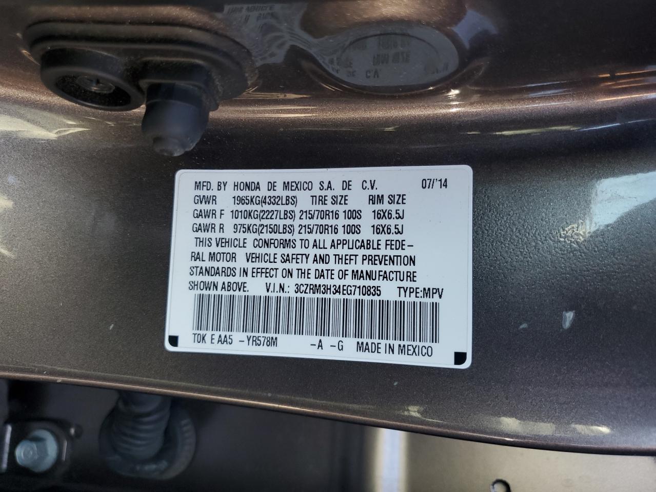 2014 Honda Cr-V Lx VIN: 3CZRM3H34EG710835 Lot: 91599825