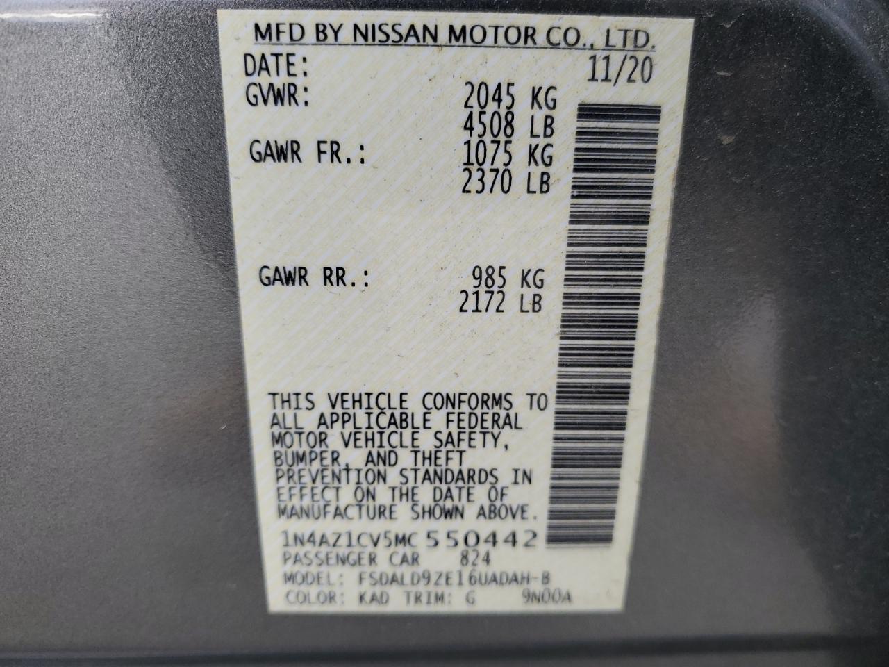 2021 Nissan Leaf Sv VIN: 1N4AZ1CV5MC550442 Lot: 92882105