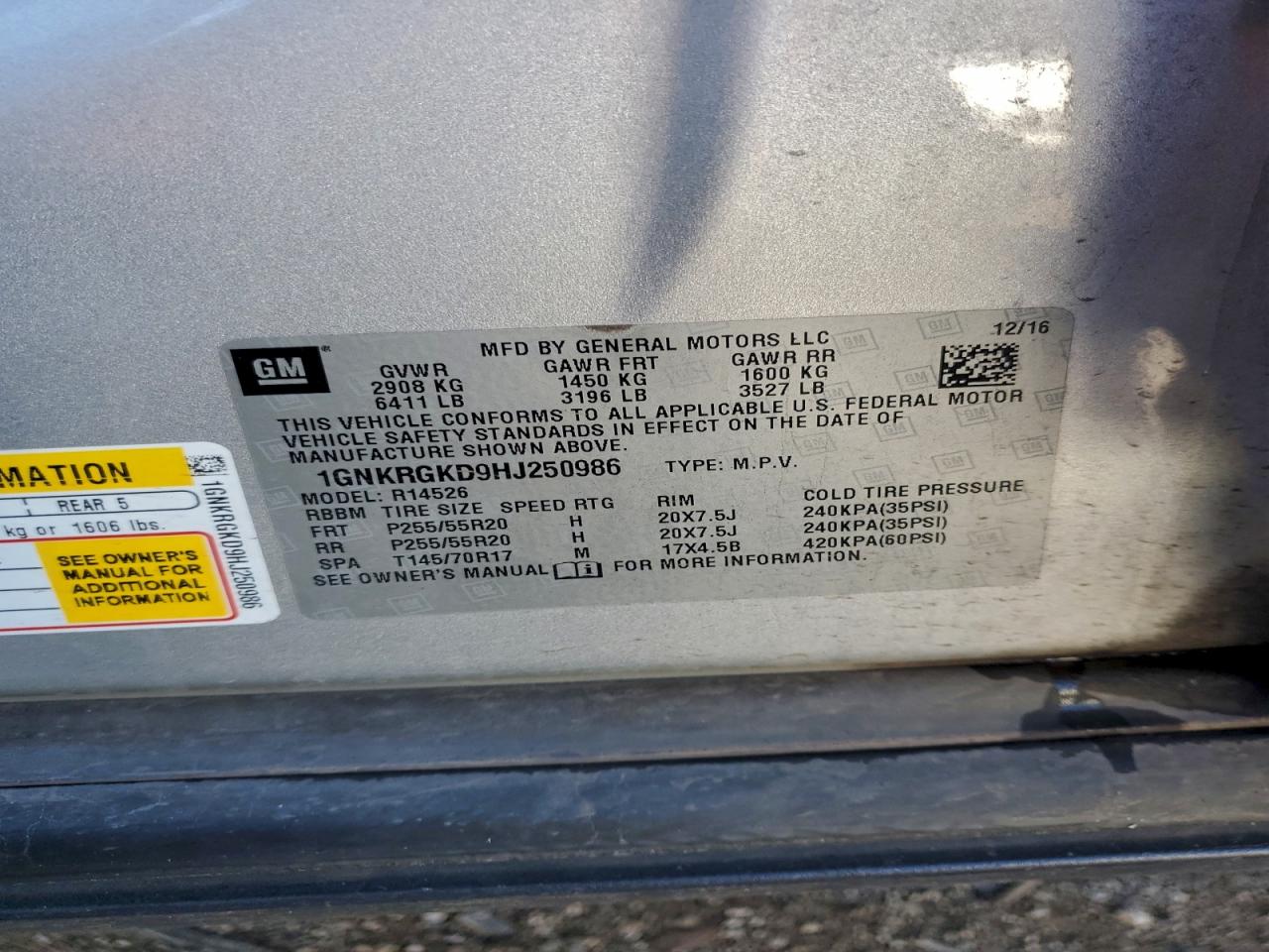 2017 Chevrolet Traverse Lt VIN: 1GNKRGKD9HJ250986 Lot: 94228935