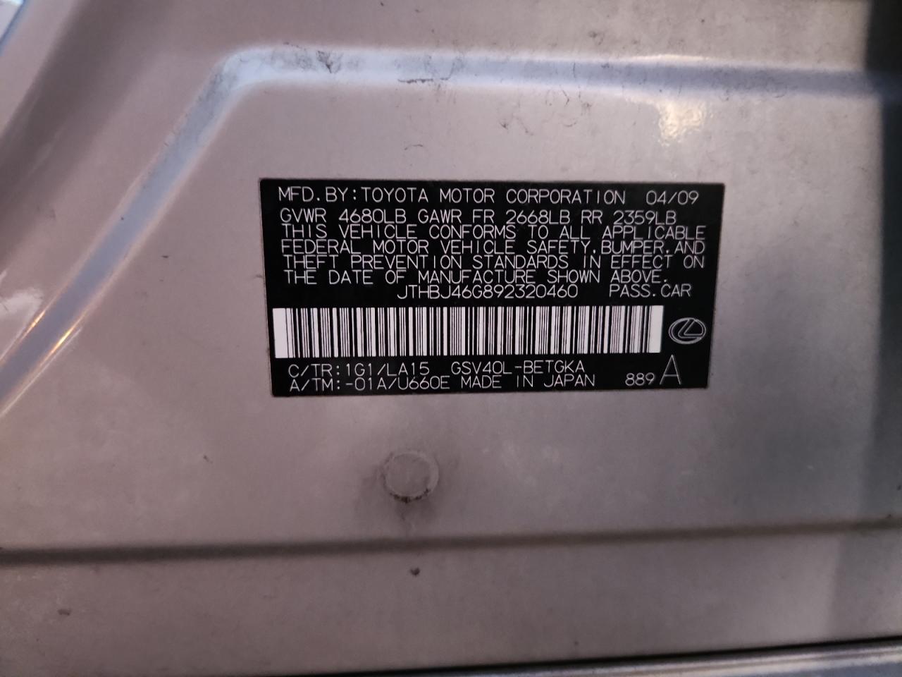 2009 Lexus Es 350 VIN: JTHBJ46G892320460 Lot: 91135875