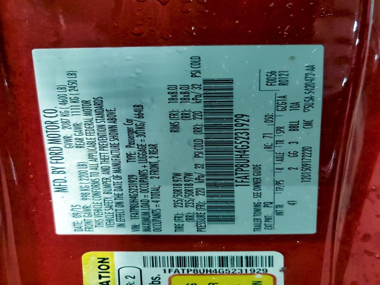 2016 Ford Mustang VIN: 1FATP8UH4G5231929 Lot: 94226335