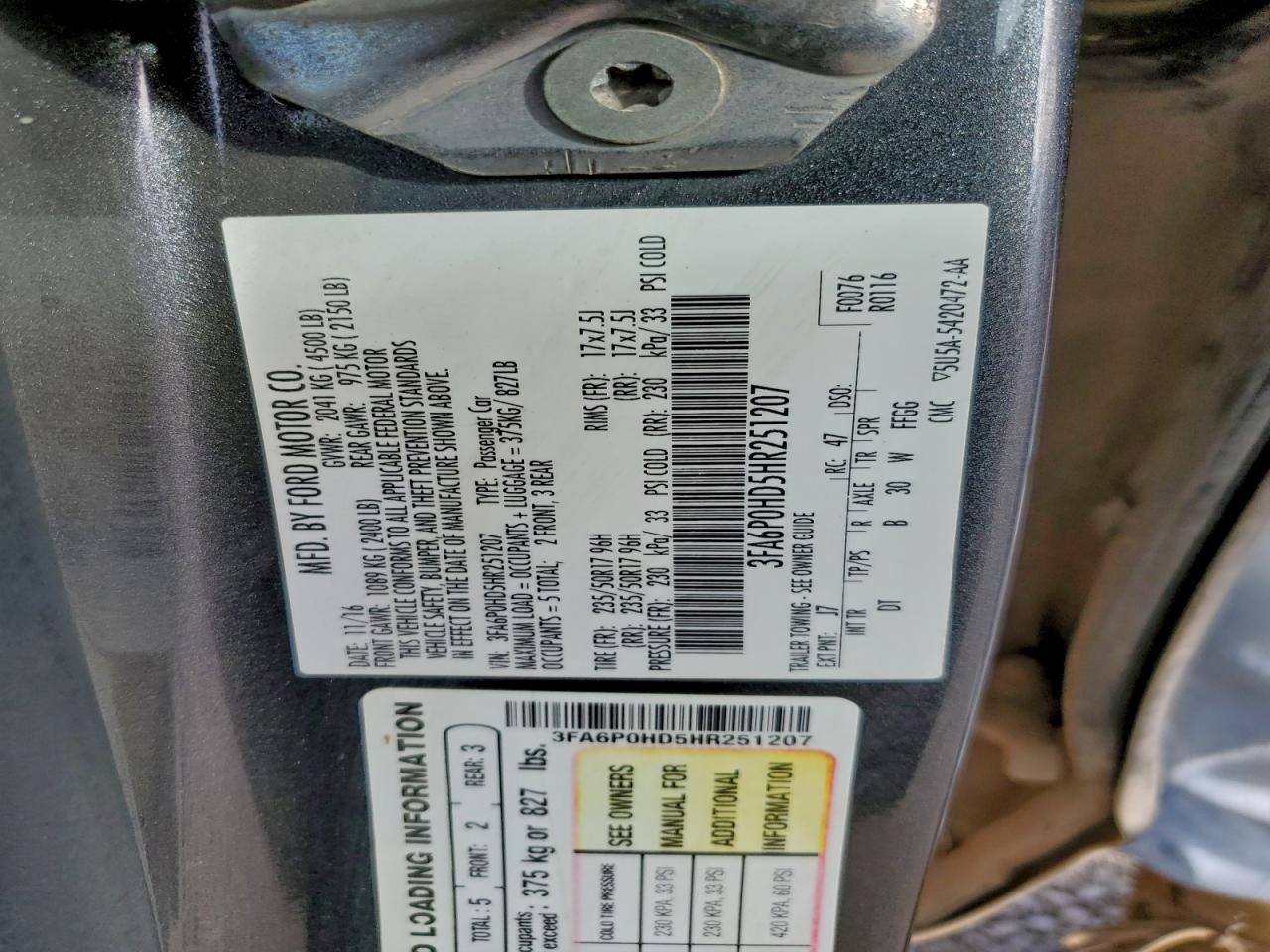 2017 Ford Fusion Se VIN: 3FA6P0HD5HR251207 Lot: 93874775