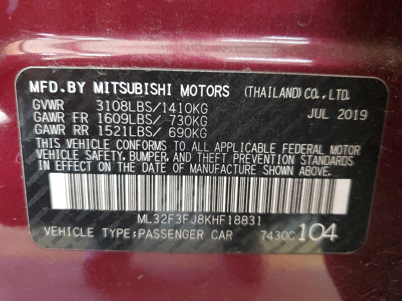 2019 Mitsubishi Mirage G4 Es VIN: ML32F3FJ8KHF18831 Lot: 92673555