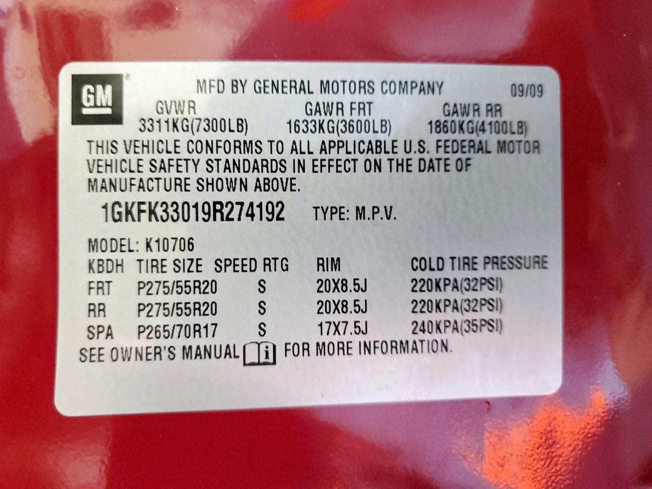 2009 GMC Yukon Slt VIN: 1GKFK33019R274192 Lot: 91602085