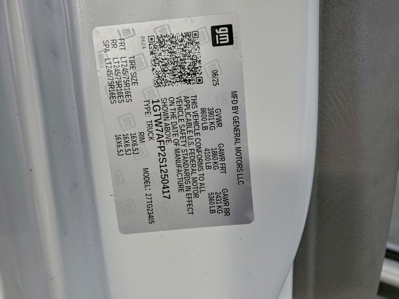 2025 GMC Savana G2500 VIN: 1GTW7AFP2S1250417 Lot: 93032225