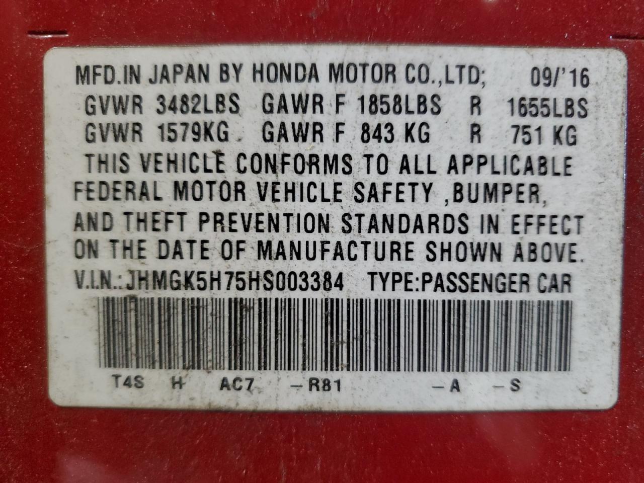 2017 Honda Fit Ex VIN: JHMGK5H75HS003384 Lot: 93192465