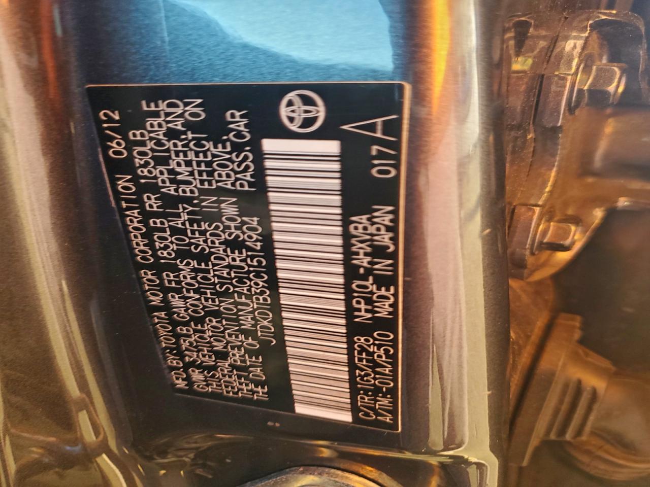 2012 Toyota Prius C VIN: JTDKDTB39C1514904 Lot: 94181955