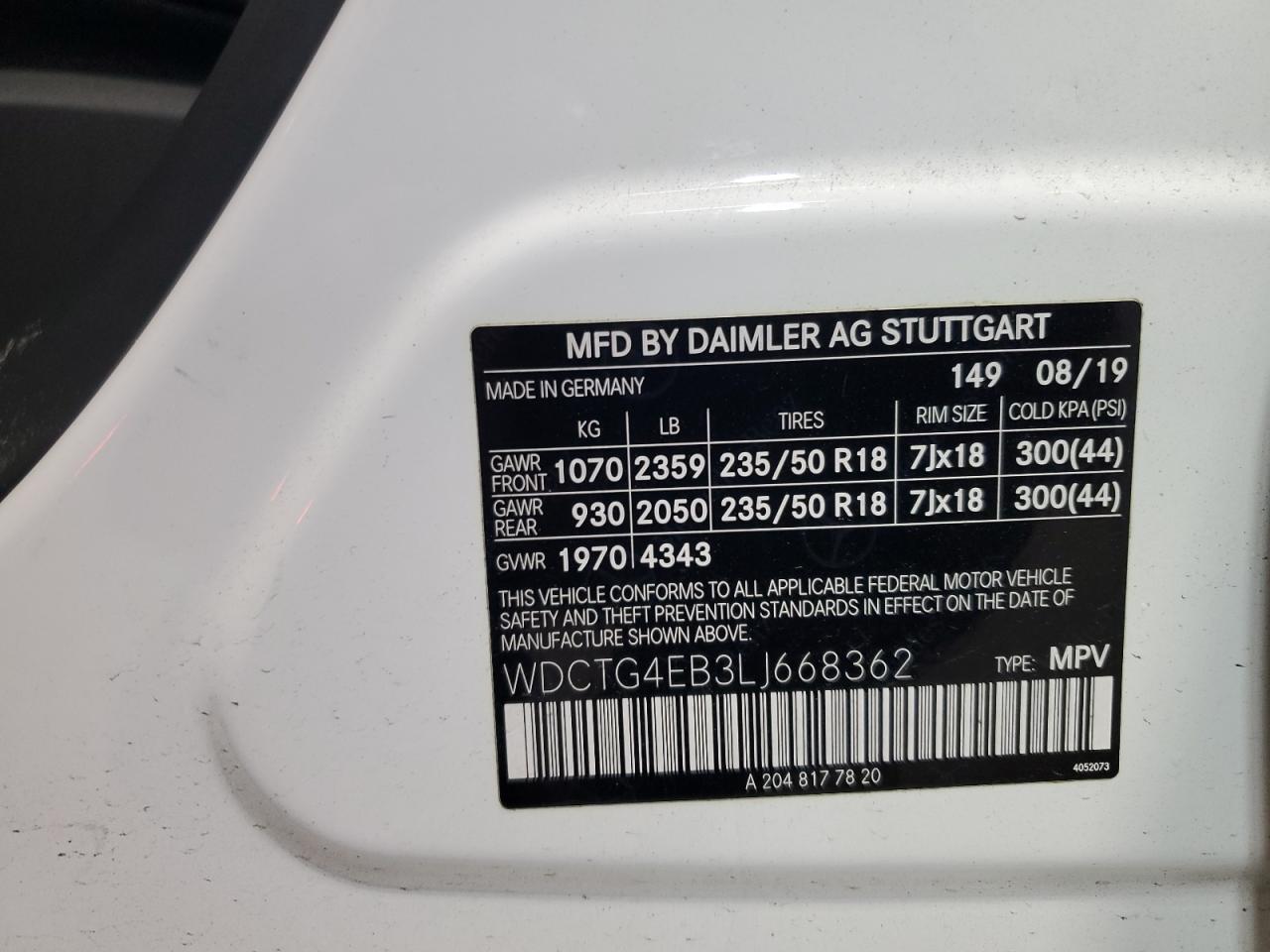 2020 Mercedes-Benz Gla 250 VIN: WDCTG4EB3LJ668362 Lot: 91865405