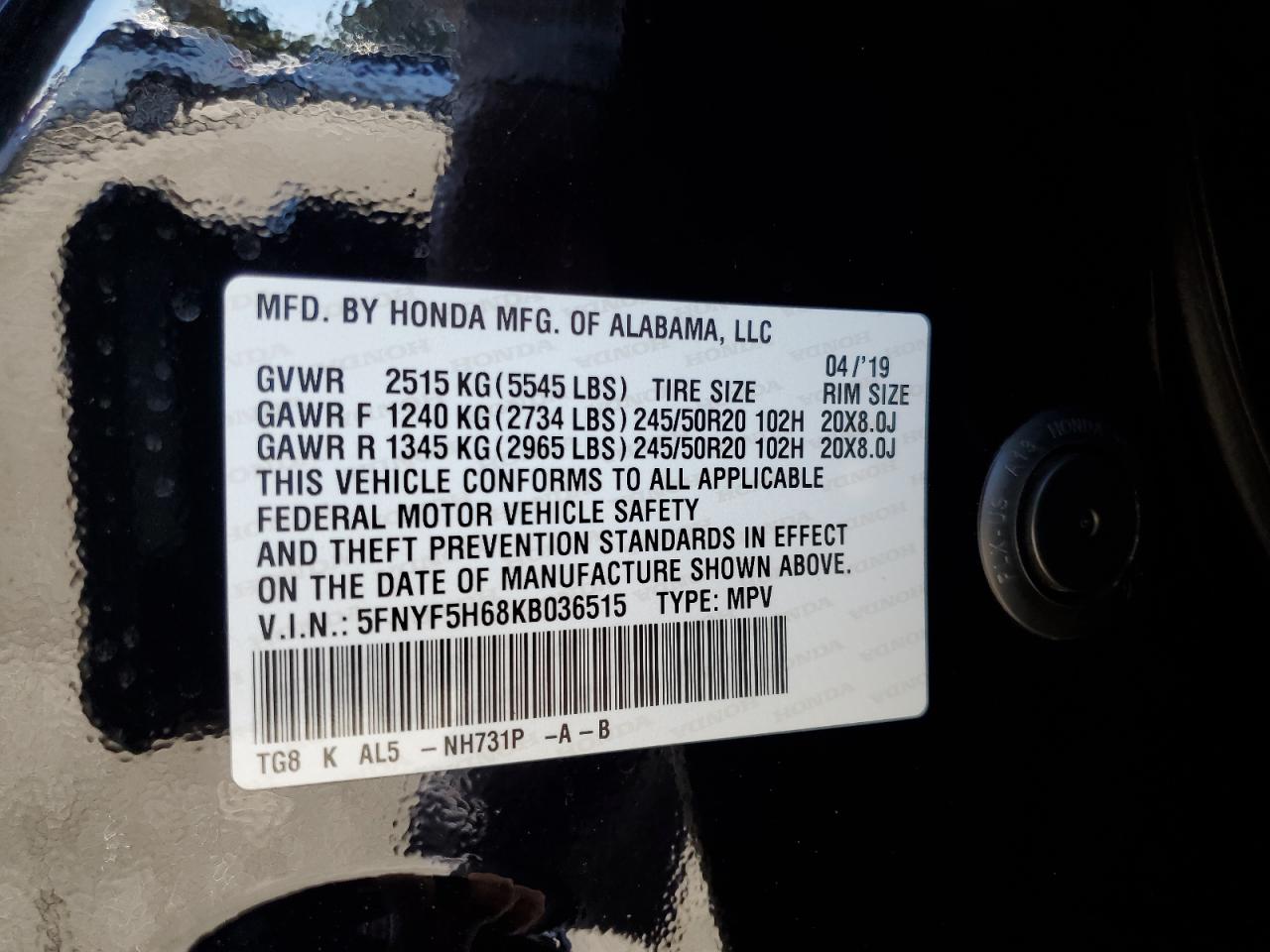 2019 Honda Pilot Touring VIN: 5FNYF5H68KB036515 Lot: 91896845