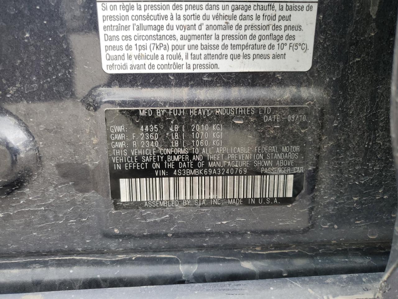 2010 Subaru Legacy 2.5I Limited VIN: 4S3BMBK69A3240769 Lot: 92651465