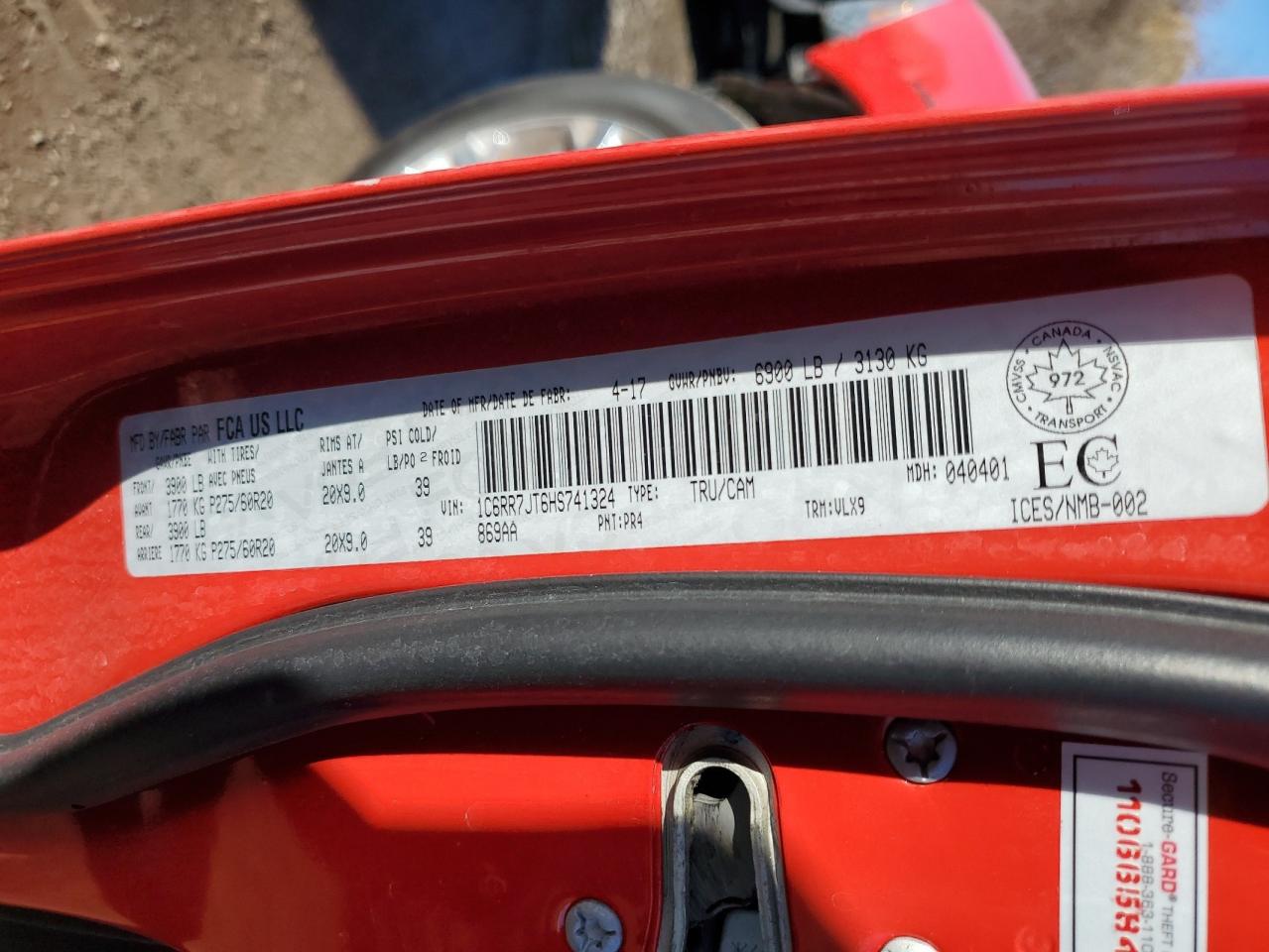 2017 Ram 1500 Laramie VIN: 1C6RR7JT6HS741324 Lot: 93093505