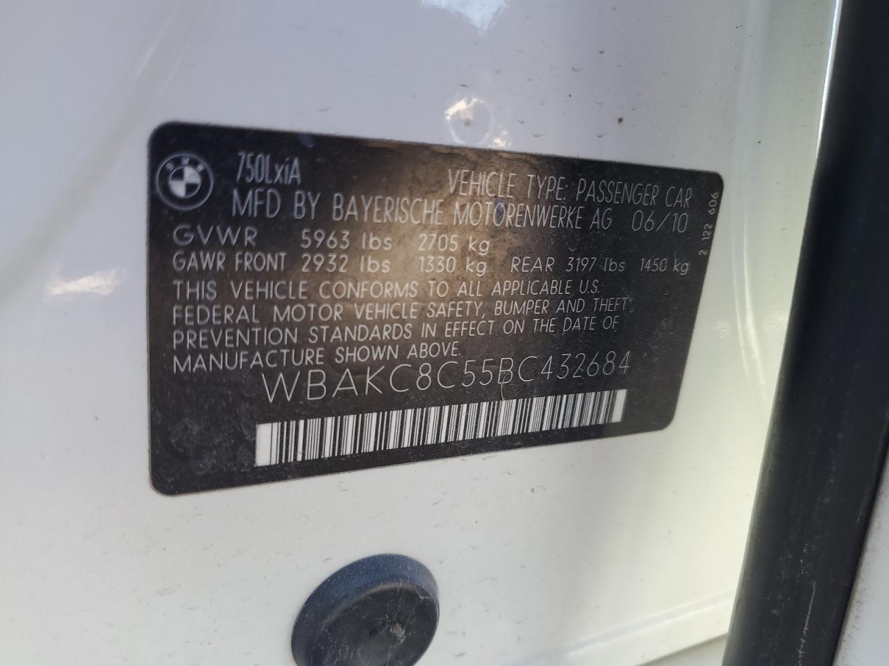 2011 BMW 750 Lxi VIN: WBAKC8C55BC432684 Lot: 93488765