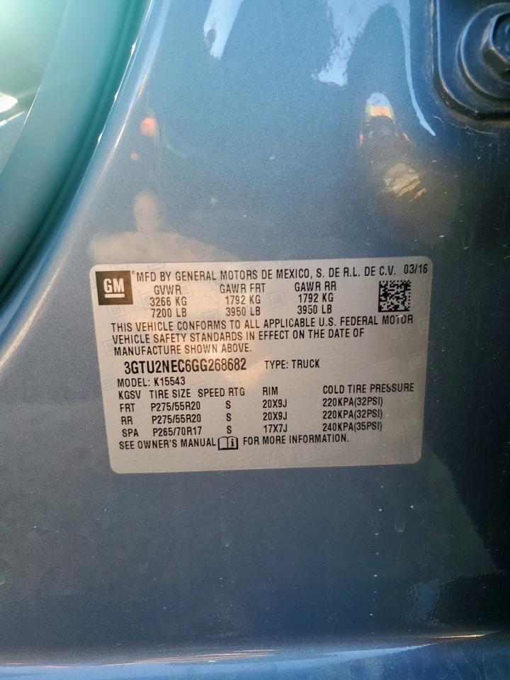 2016 GMC Sierra K1500 Slt VIN: 3GTU2NEC6GG268682 Lot: 91727845