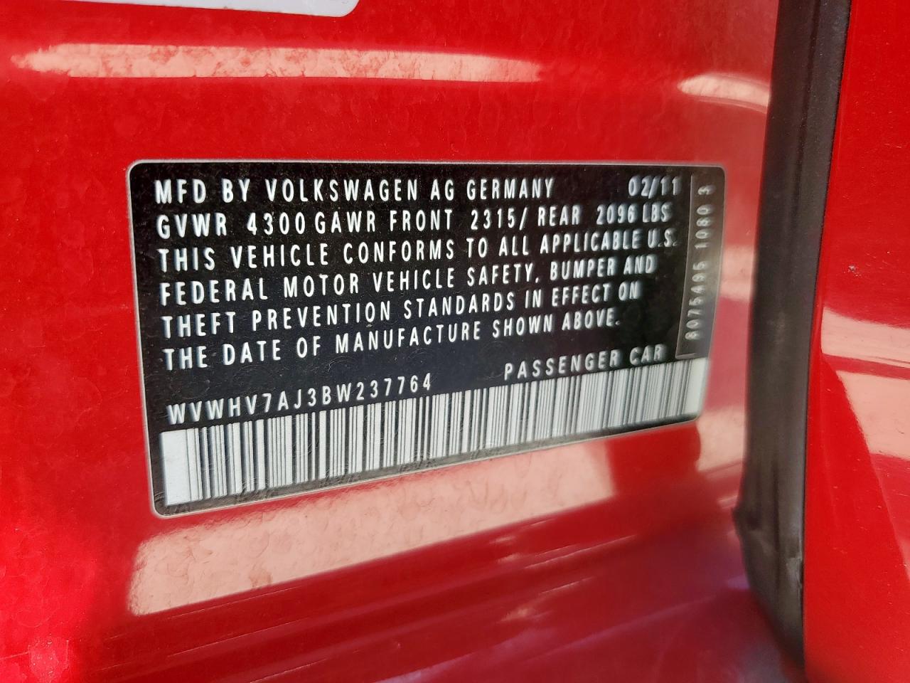 2011 Volkswagen Gti VIN: WVWHV7AJ3BW237764 Lot: 91720235