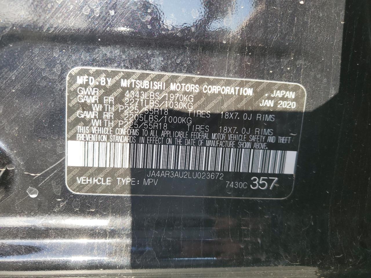 2020 Mitsubishi Outlander Sport Es VIN: JA4AR3AU2LU023672 Lot: 92438695