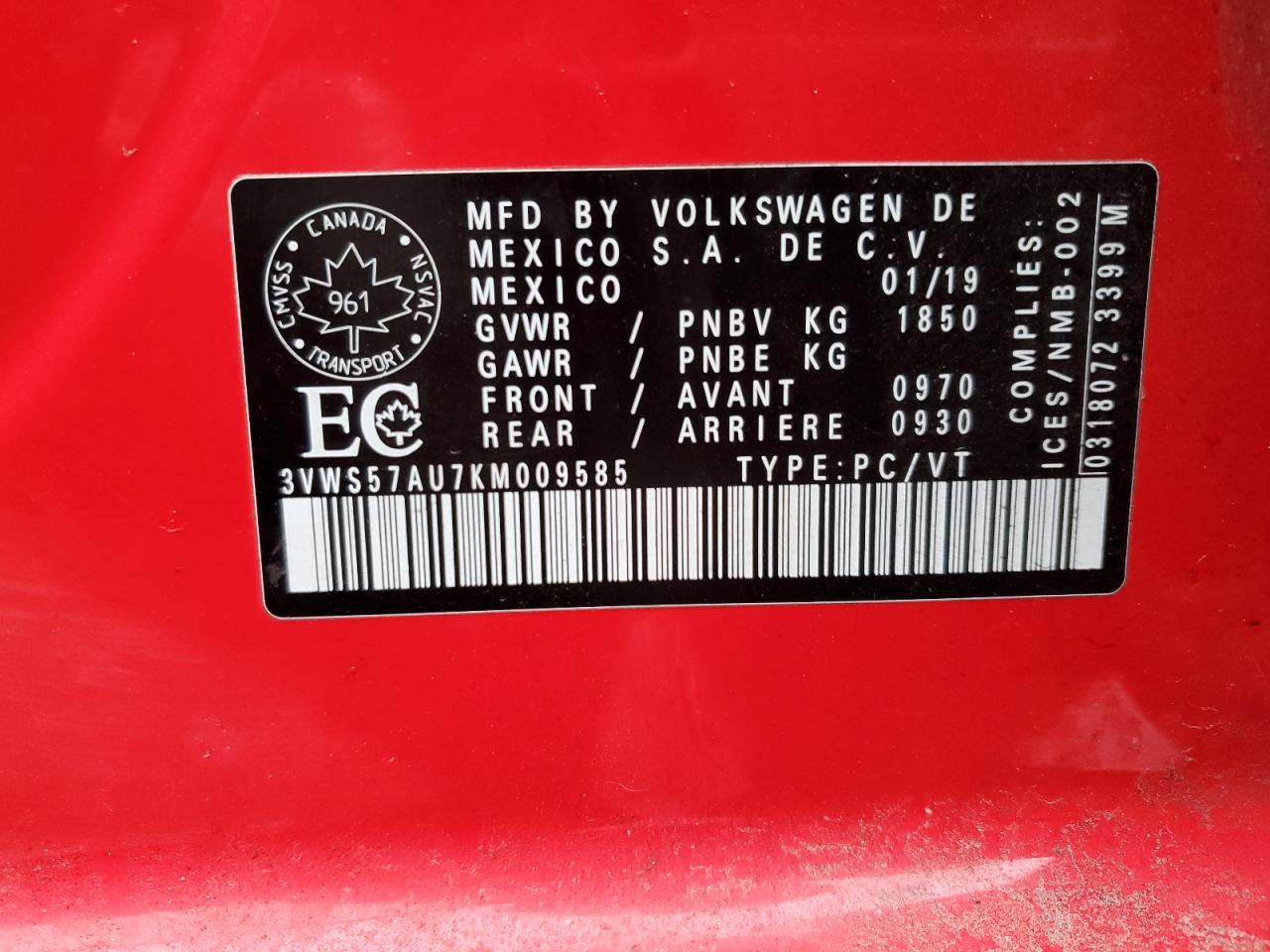 2019 Volkswagen Golf Execline VIN: 3VWS57AU7KM009585 Lot: 92432005