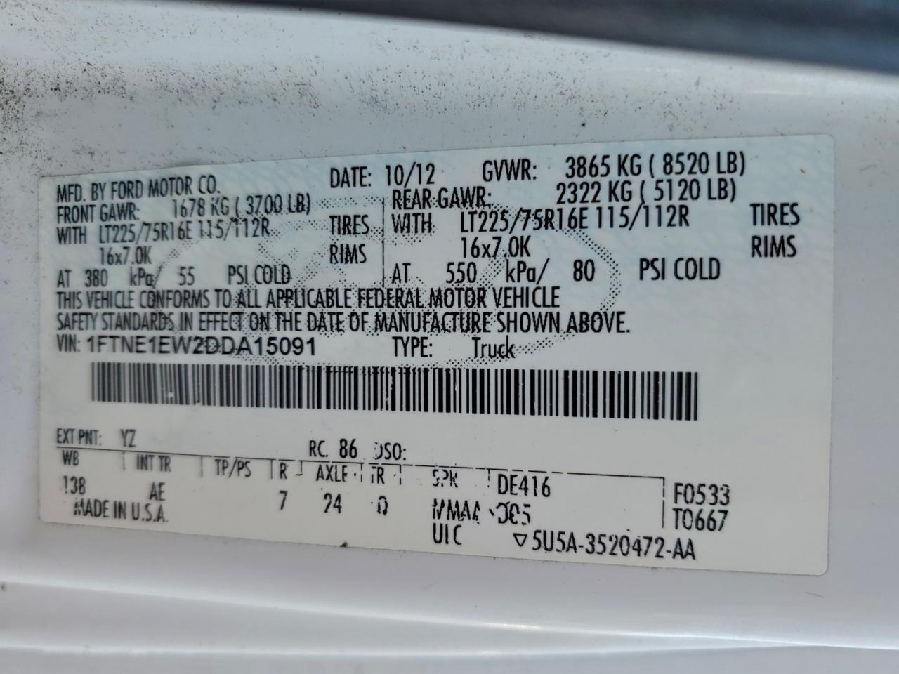 2013 Ford Econoline E150 Van VIN: 1FTNE1EW2DDA15091 Lot: 94054855