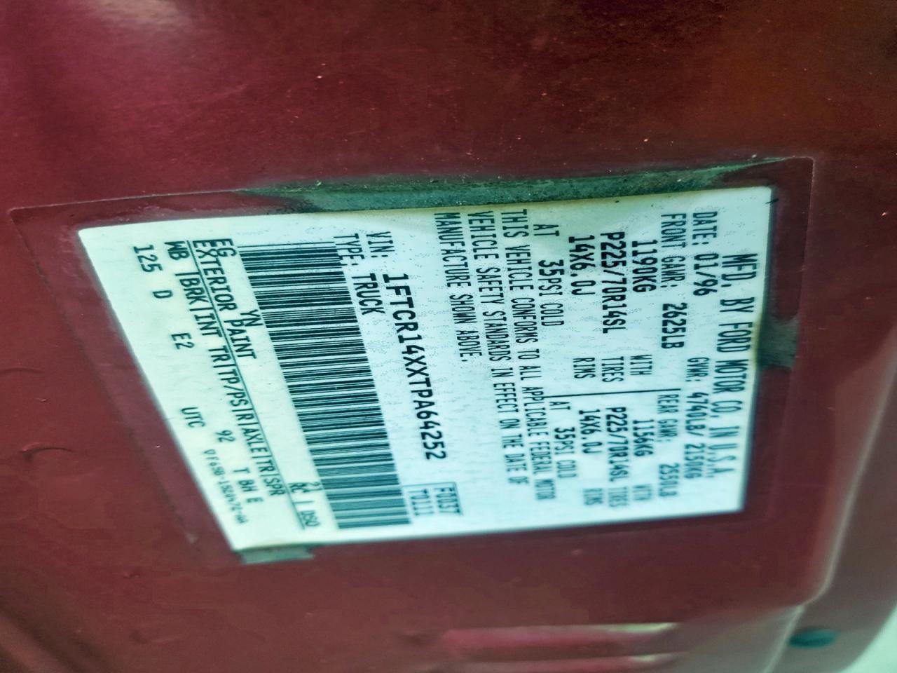 1996 Ford Ranger Super Cab VIN: 1FTCR14XXTPA64252 Lot: 93231335