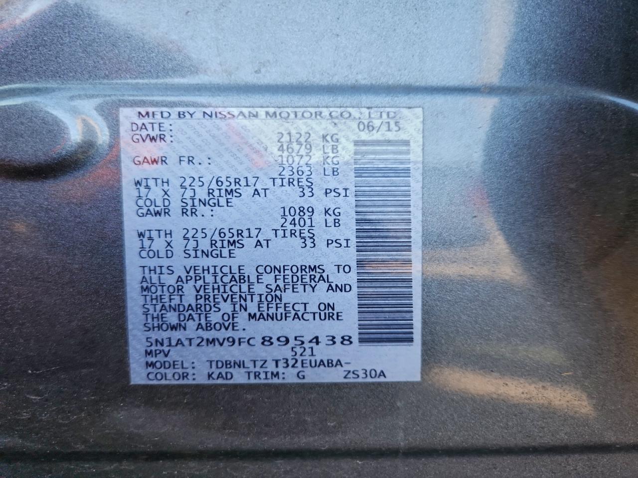 2015 Nissan Rogue S VIN: 5N1AT2MV9FC895438 Lot: 94317395