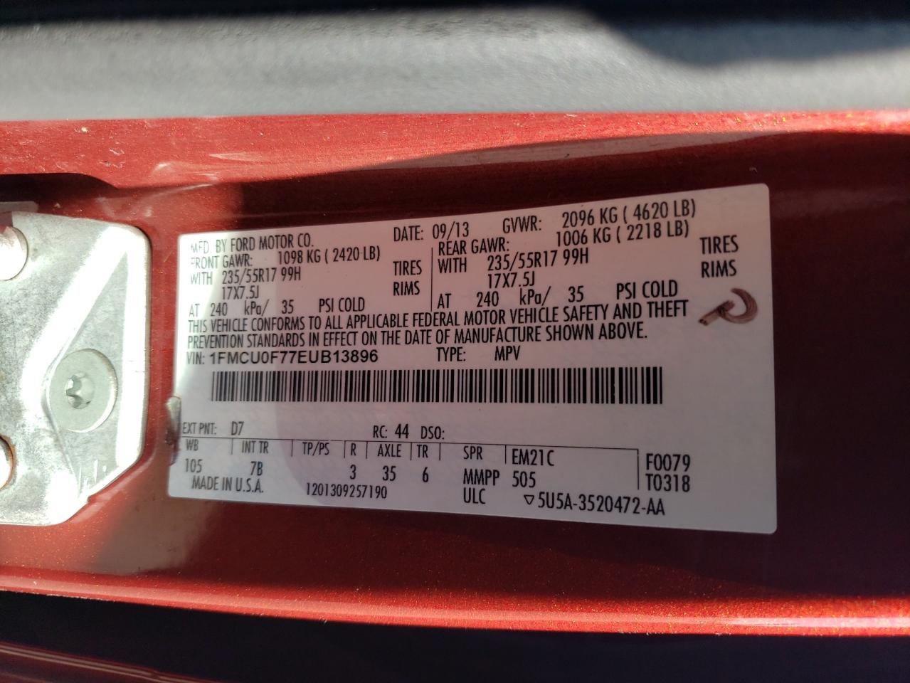 2014 Ford Escape S VIN: 1FMCU0F77EUB13896 Lot: 92391165