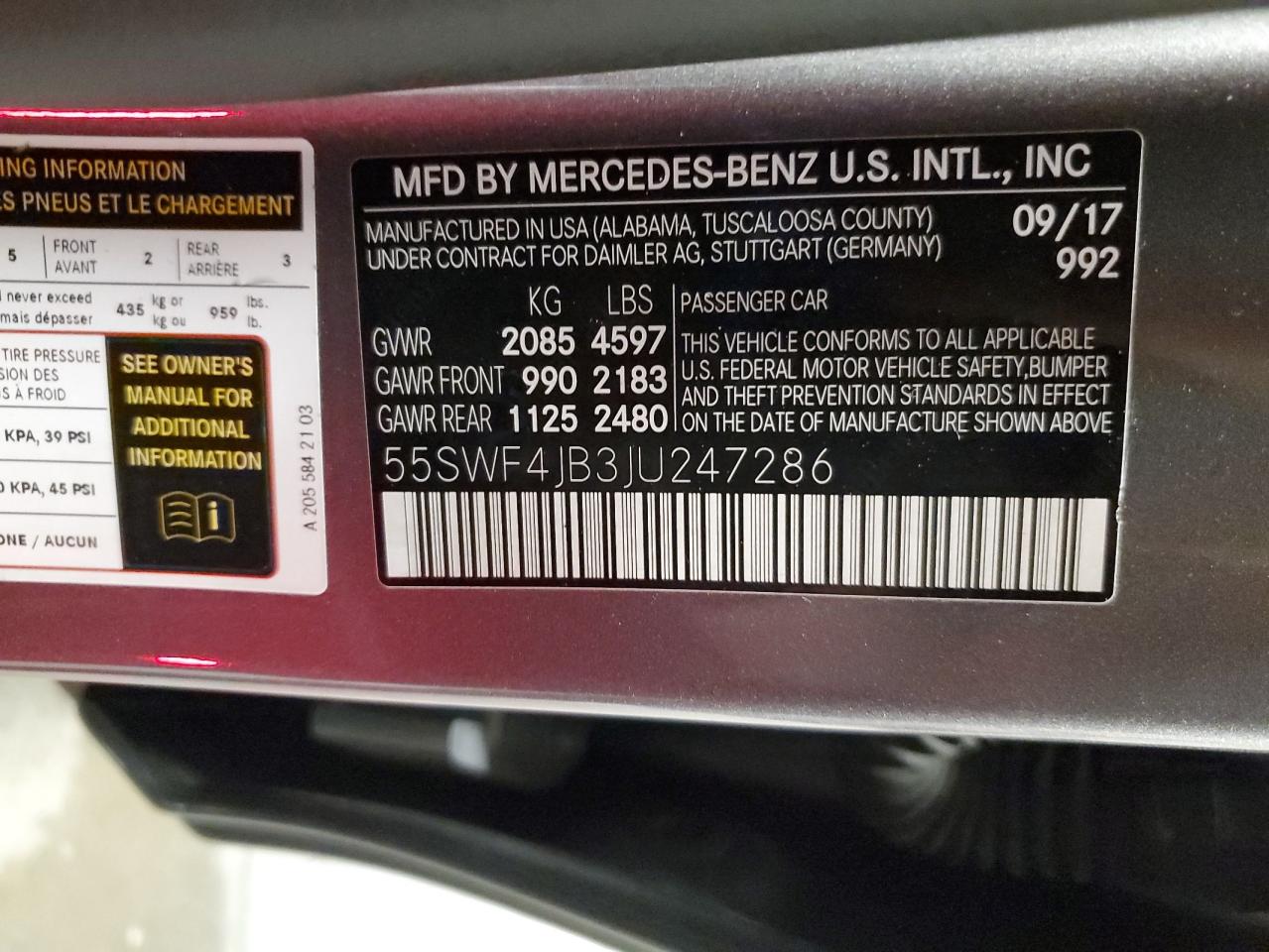 2018 Mercedes-Benz C 300 VIN: 55SWF4JB3JU247286 Lot: 91144545