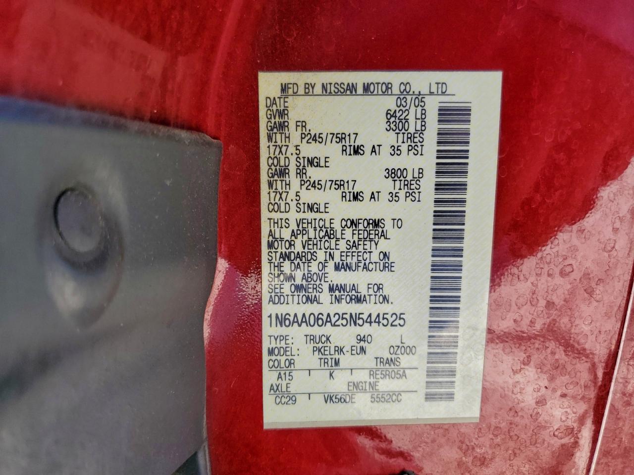 2005 Nissan Titan Xe VIN: 1N6AA06A25N544525 Lot: 94275505