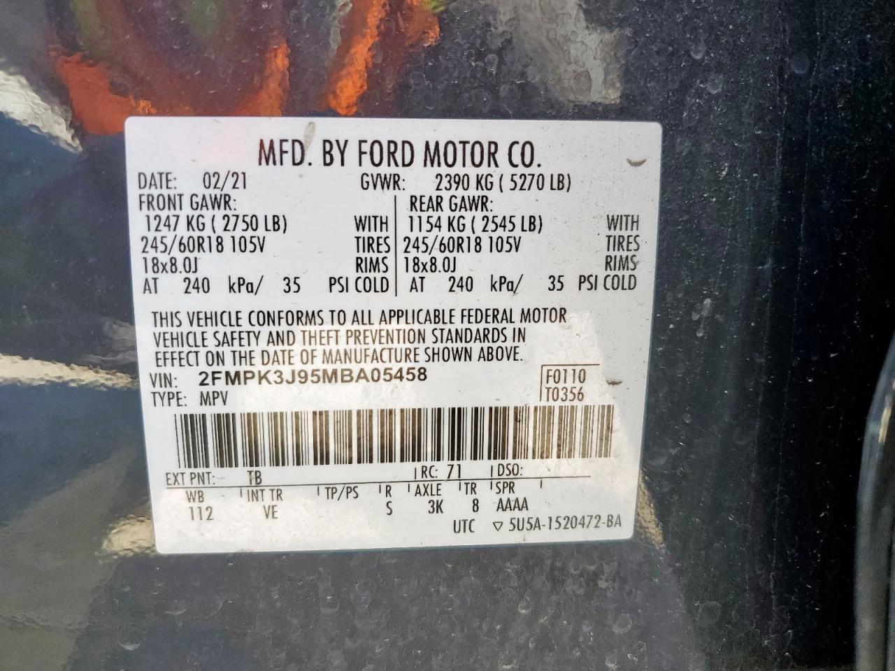 2021 Ford Edge Sel VIN: 2FMPK3J95MBA05458 Lot: 91530685