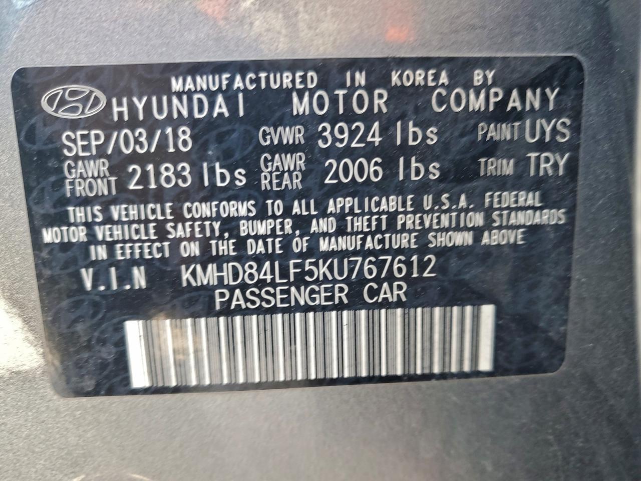 2019 Hyundai Elantra Sel VIN: KMHD84LF5KU767612 Lot: 94327985