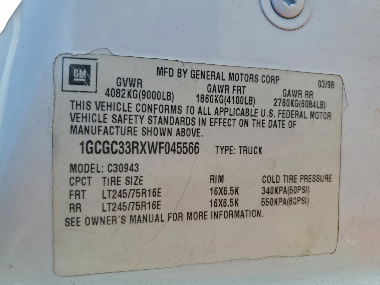 1998 Chevrolet Gmt-400 C3500 VIN: 1GCGC33RXWF045566 Lot: 93946585