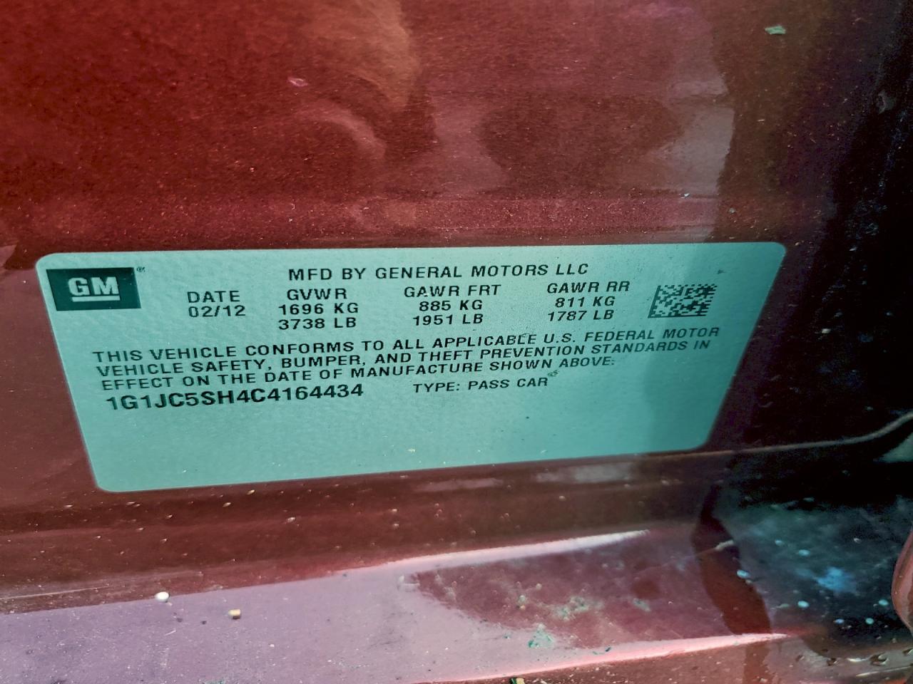 2012 Chevrolet Sonic Lt VIN: 1G1JC5SH4C4164434 Lot: 93457445