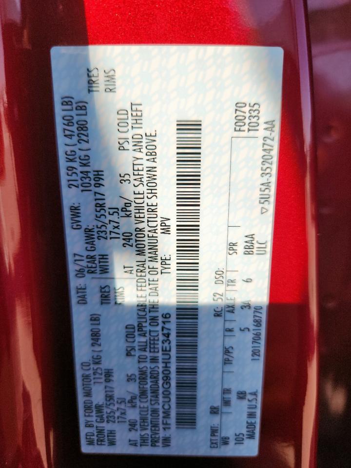 2017 Ford Escape Se VIN: 1FMCU0G90HUE34716 Lot: 91914155