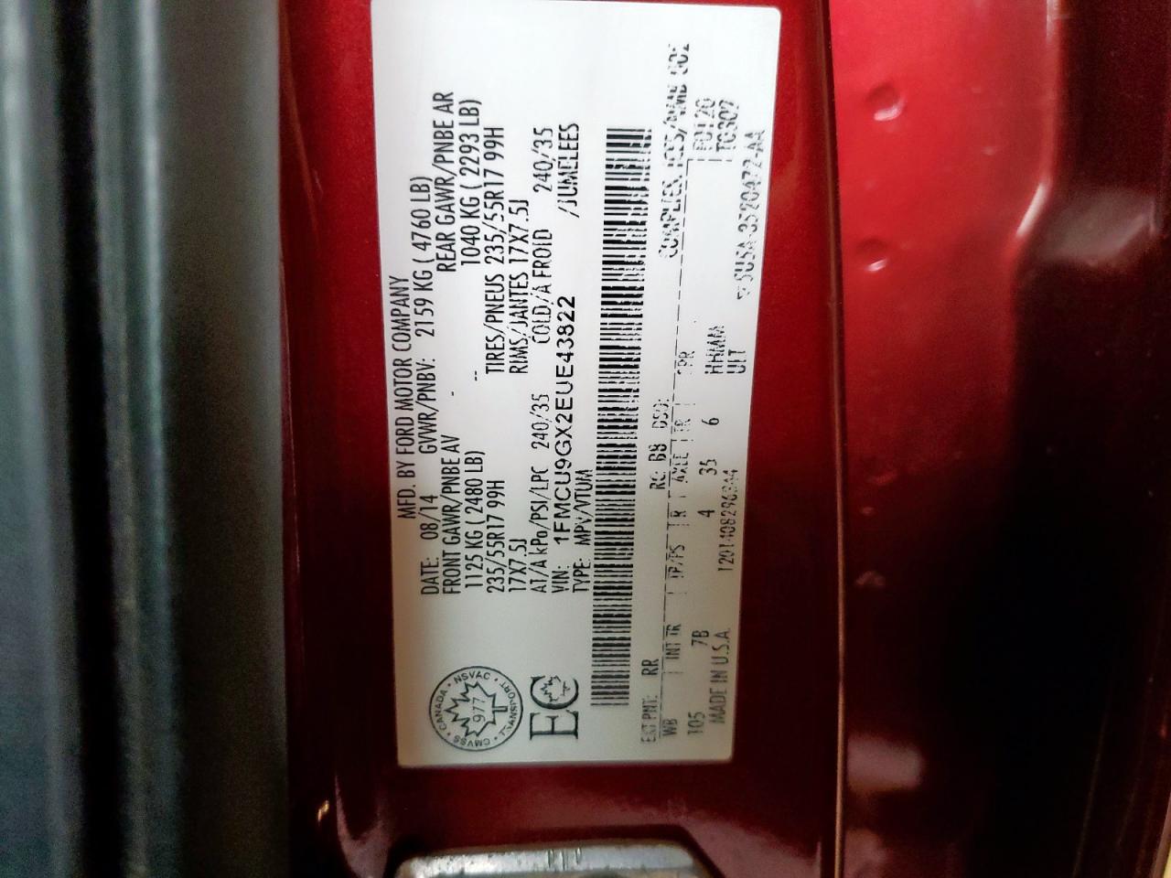 2014 Ford Escape Se VIN: 1FMCU9GX2EUE43822 Lot: 93301685