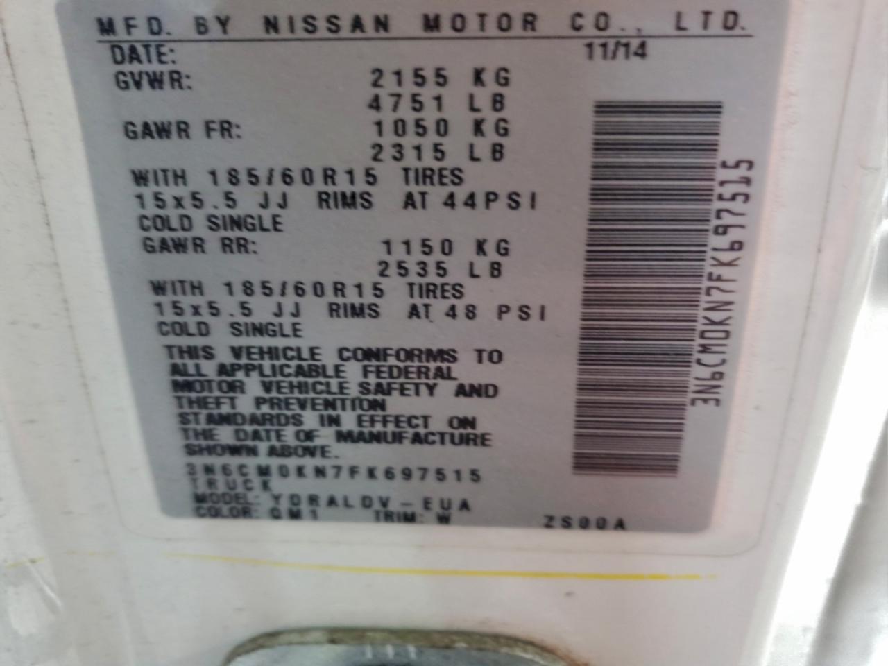 2015 Nissan Nv200 2.5S VIN: 3N6CM0KN7FK697515 Lot: 94084535