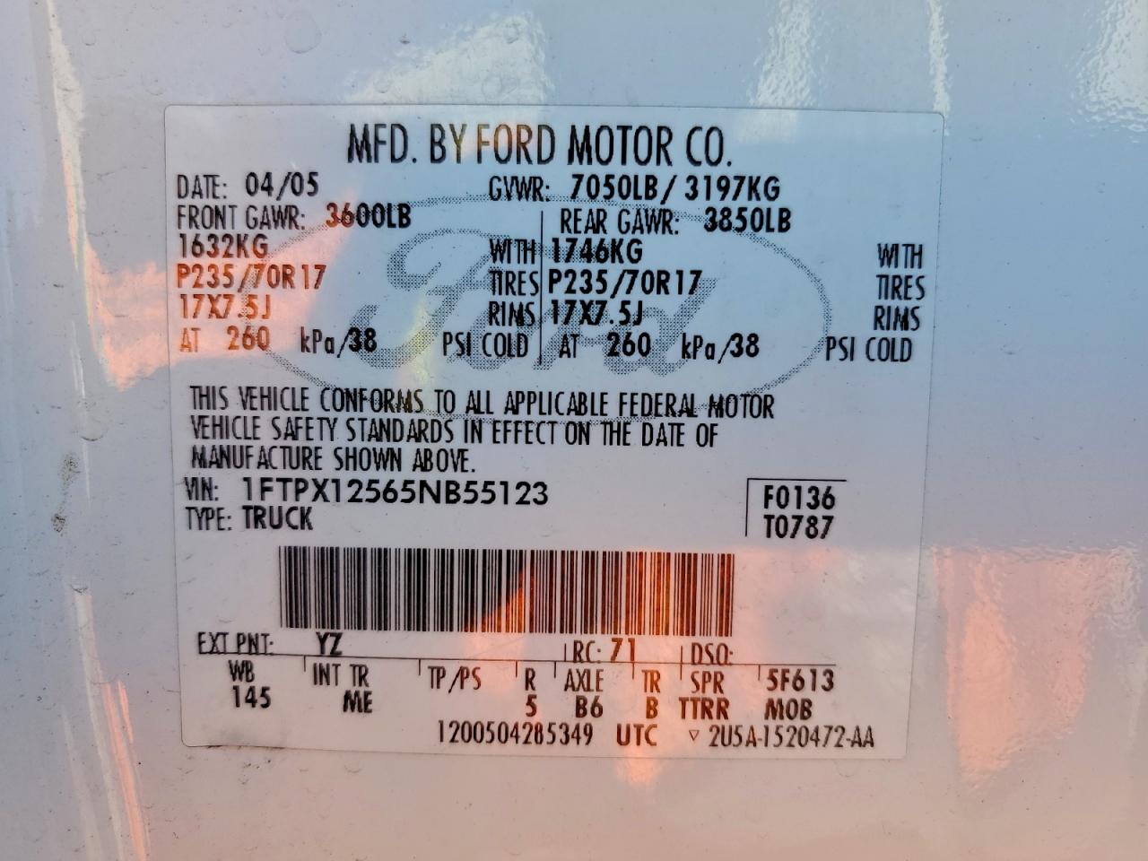 2005 Ford F150 VIN: 1FTPX12565NB55123 Lot: 92758555