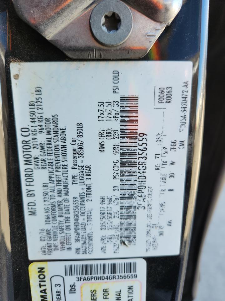 2016 Ford Fusion Se VIN: 3FA6P0HD4GR356559 Lot: 92487655