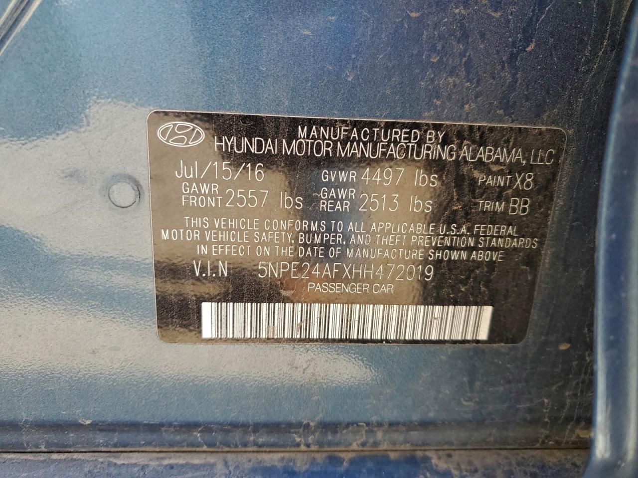 2017 Hyundai Sonata Se VIN: 5NPE24AFXHH472019 Lot: 93998485