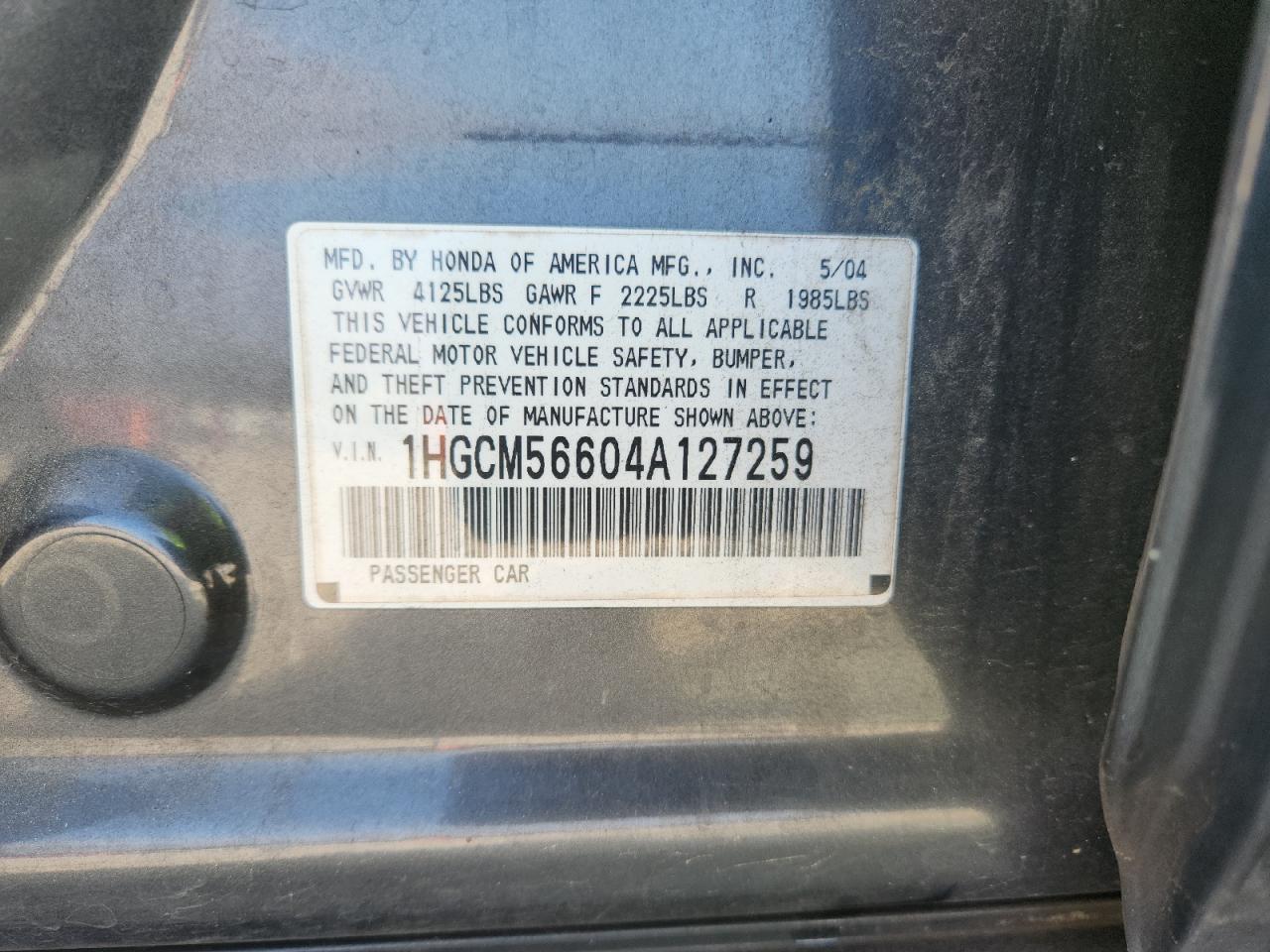 2004 Honda Accord Ex VIN: 1HGCM56604A127259 Lot: 93606325