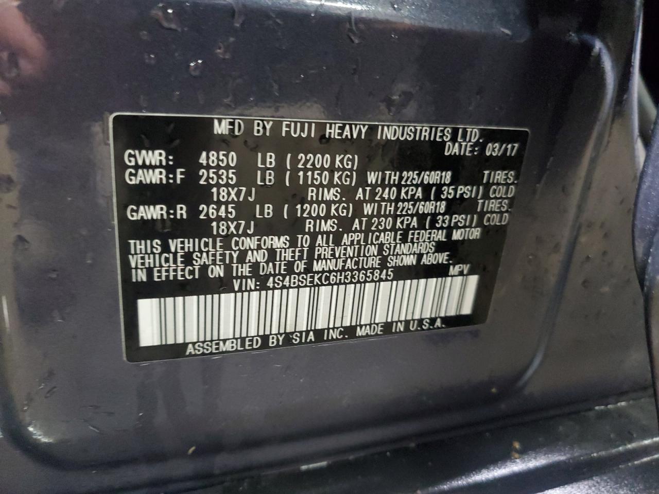 2017 Subaru Outback 3.6R Limited VIN: 4S4BSEKC6H3365845 Lot: 93649415