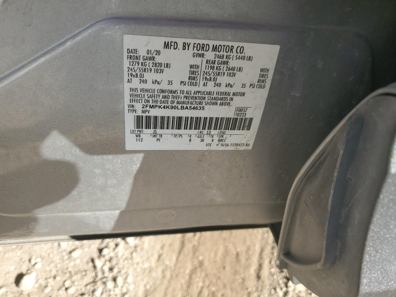 2020 Ford Edge Titanium VIN: 2FMPK4K90LBA54635 Lot: 91203655