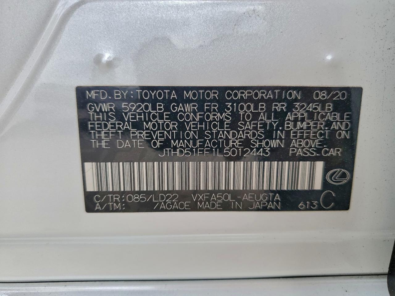 2020 Lexus Ls 500 Base VIN: JTHD51FF1L5012443 Lot: 93665725