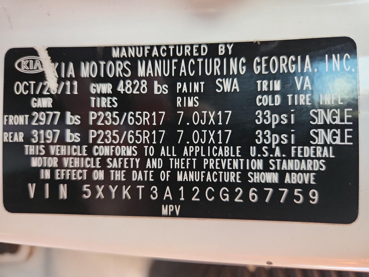 2012 Kia Sorento Base VIN: 5XYKT3A12CG267759 Lot: 92439495