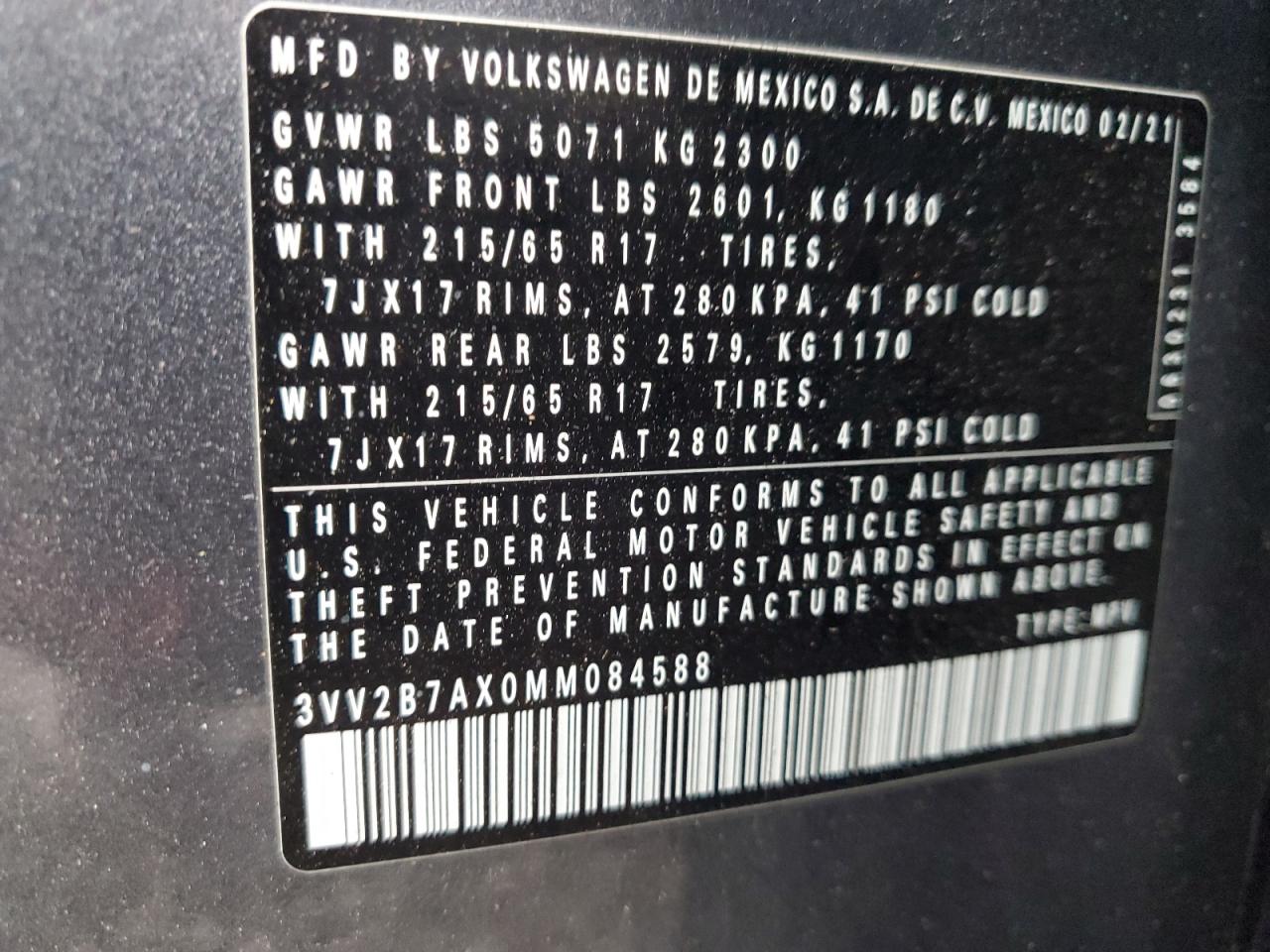 2021 Volkswagen Tiguan Se VIN: 3VV2B7AX0MM084588 Lot: 93484905